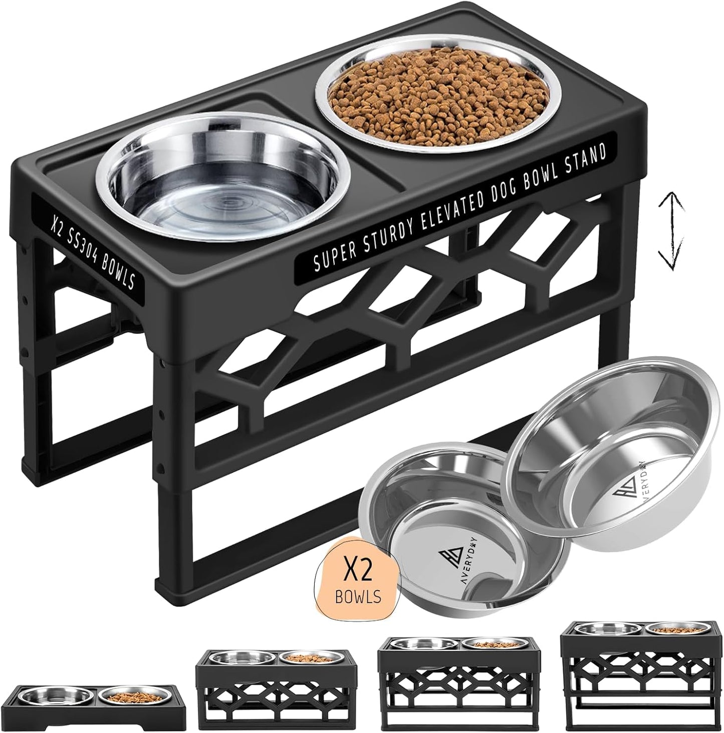 Large Elevated Dog Bowls Stand - Adjustable Raised Pet Food Feeder Station for Medium/Large Sized Dogs - Anti-Slip 4 Height Stand with 2 Stainless Steel Large Dog Food & Water Bowls Dish Set