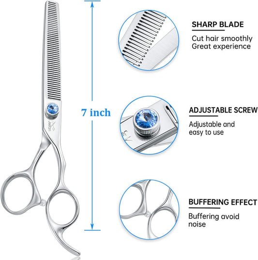 Dog Grooming Thinning Blending Scissor, Ergonomic Pet Grooming Thinner Blender Shears Cat Trimming Texturizing Kit with Offset Handle and a Jewelled Screw